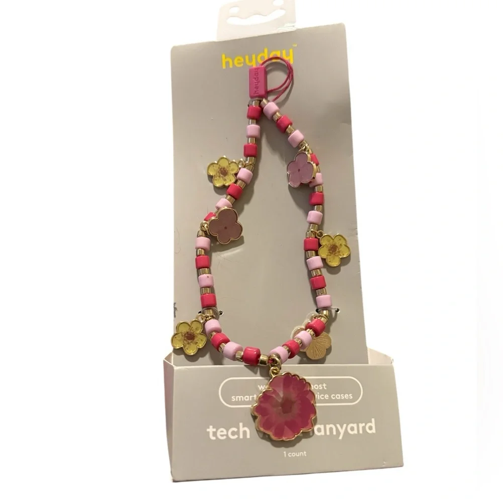 Heyday Pink and Gold Floral Beaded Phone Strap and Tech Lanyard